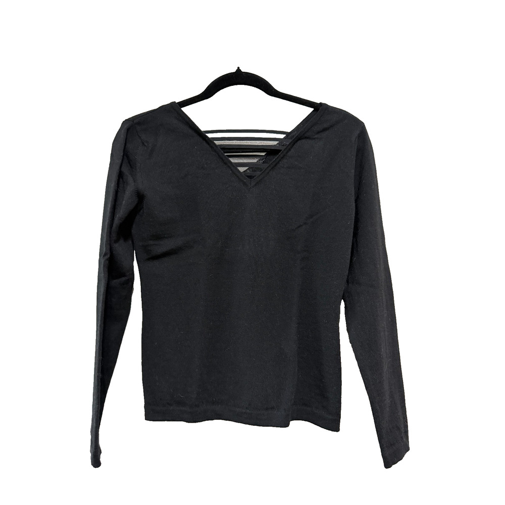 100% fine Merino Wool Black V Neck Knit Sweater top Italy ,capsule preppy ,Sz M